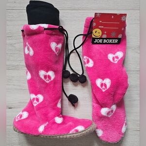Joe Boxer Pink Heart Peace Fleece Slipper Boots NWT + Black Leggings Set